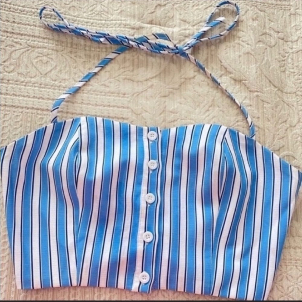 Women’s Blue and White Striped Halter Crop Top Size Medium